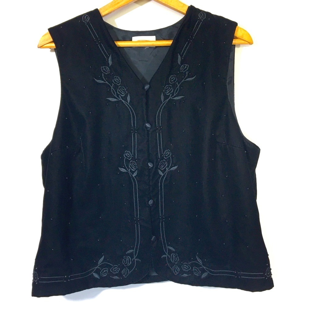 Talbots Velvet Embroidered Beaded Button Up Vest‎
